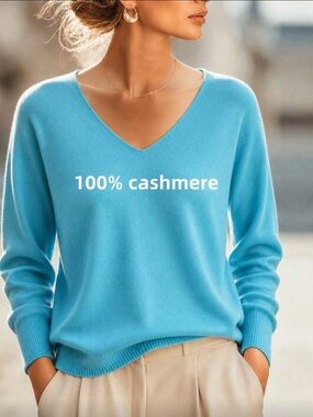 V-Neck 100% Cashmere Sweater - Sky Blue Brand New